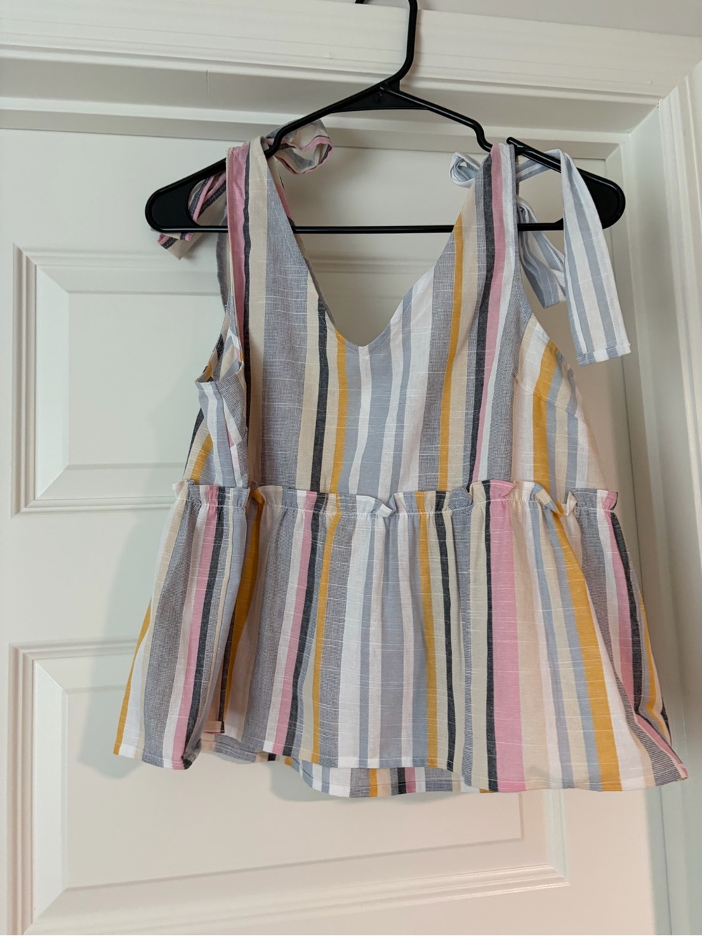 Blu Pepper Striped Tie-Shoulder Peplum Camisole - Pink, Yellow, Gray, White
